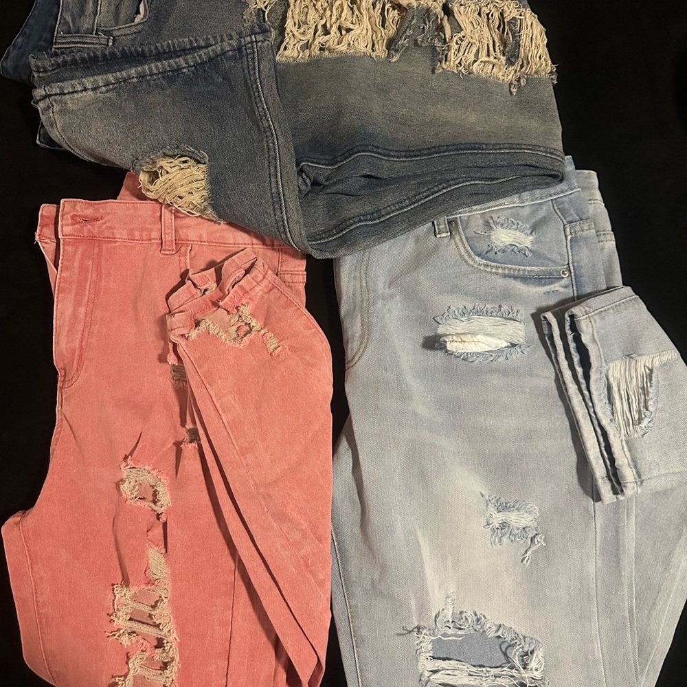 Distressed Denim Jeans Trio - Pink, Blue, Gray